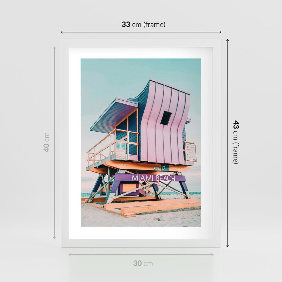 Plakat w ramie 30x40 - Miami Beach - plaża miami, domek ratownika - rama biała