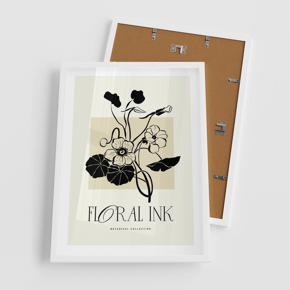 Plakat w ramie 50x70 - Podróż linii kwiatowego czasu - kwiaty, typografia - rama biała