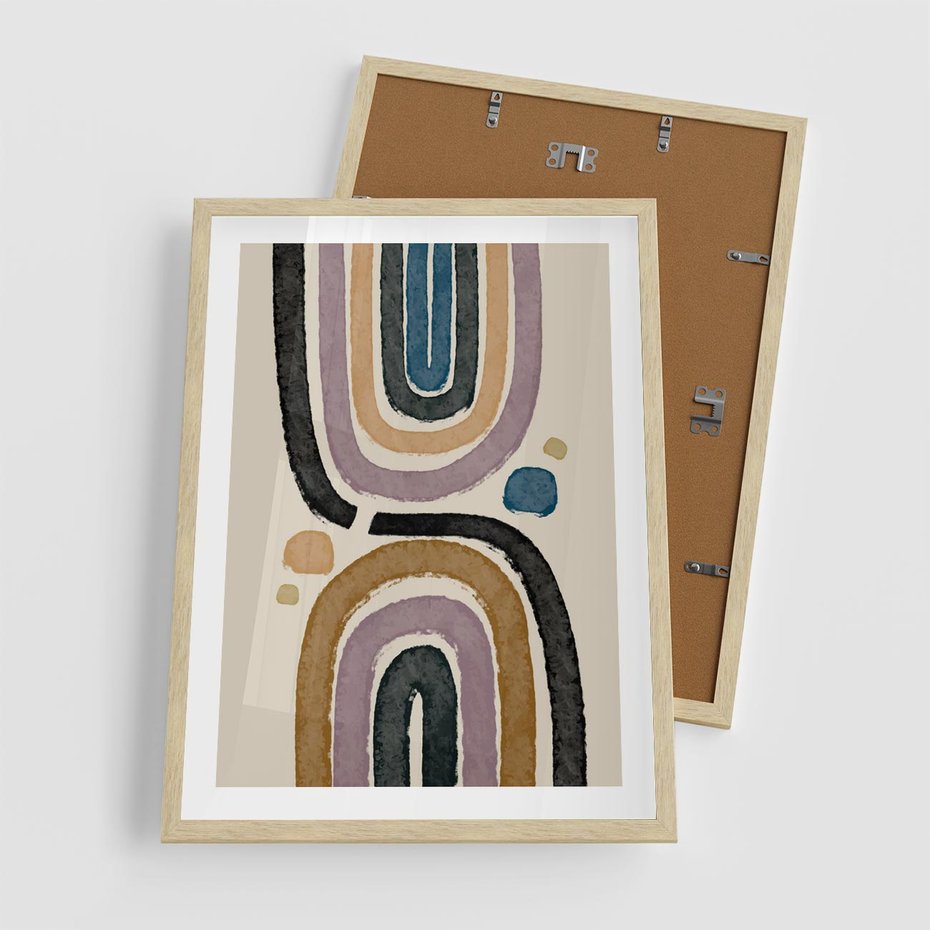 Plakat w ramie 50x70 - Taniec Przenikających Kształtów - abstrakcyjne tęcze, kompozycja - rama drewno