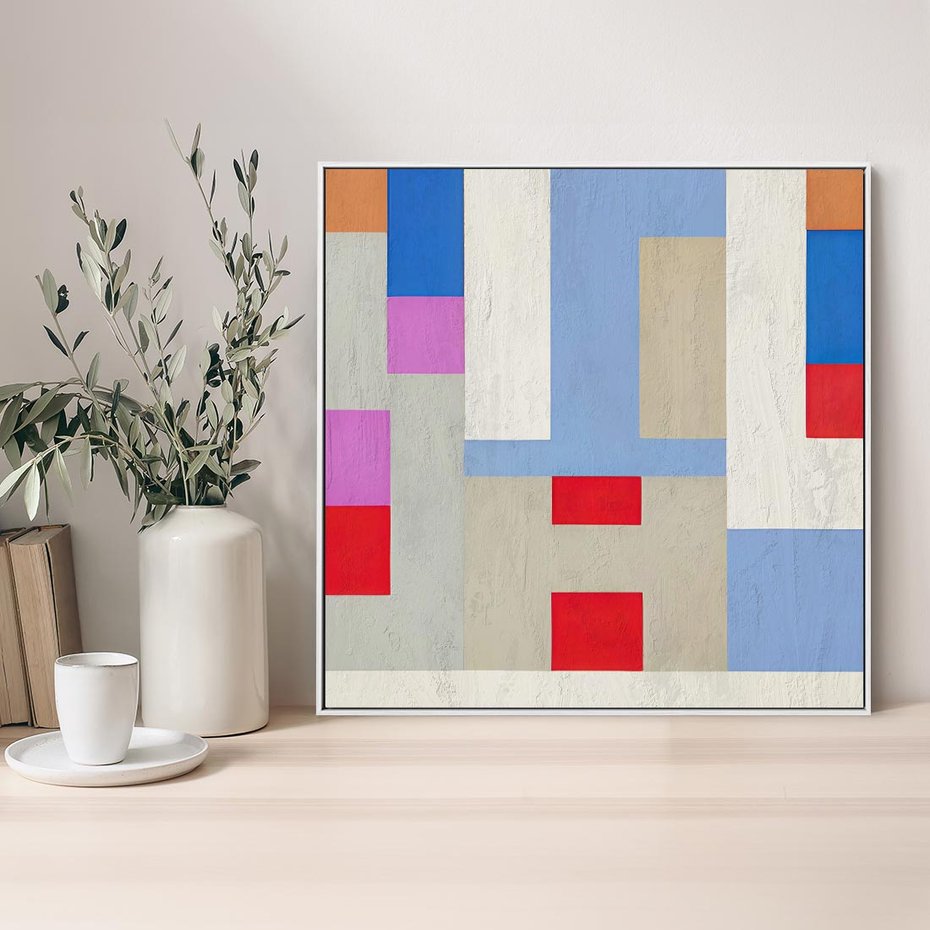 Obraz w ramie 50x50 - Bezczasowe Przenikanie Kształtów - abstrakcyjne geometryczne kształty, olejny obraz - rama biała