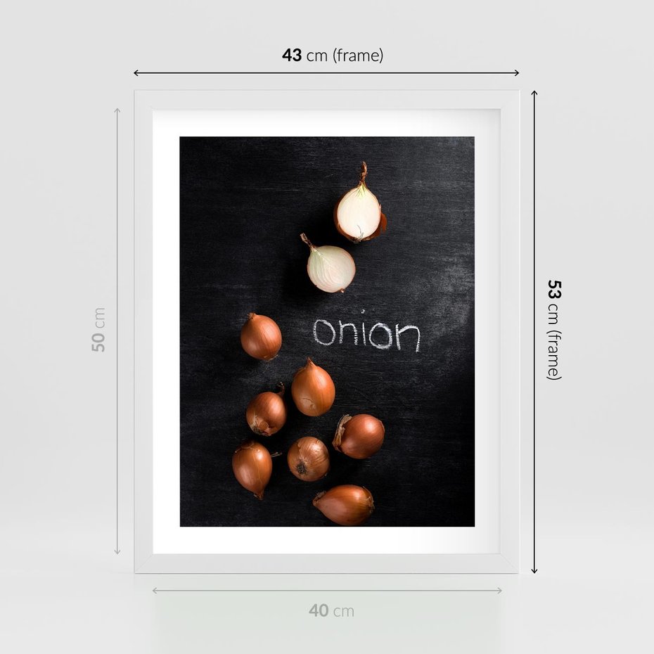 Plakat w ramie 40x50 - Aromatyczne Inspiracje - cebula, kuchnia - rama biała