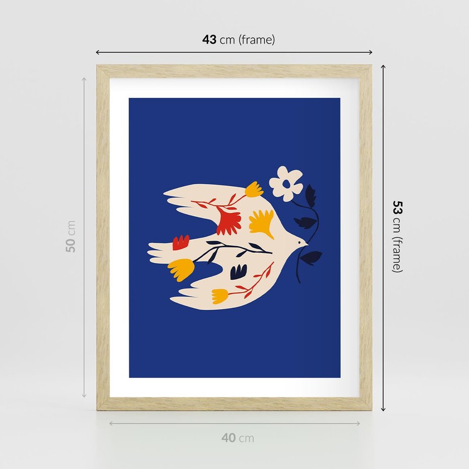 Plakat w ramie 40x50 - Bezczasowy Szept - niebieskie tło, abstrakcyjny biały ptak - rama drewno