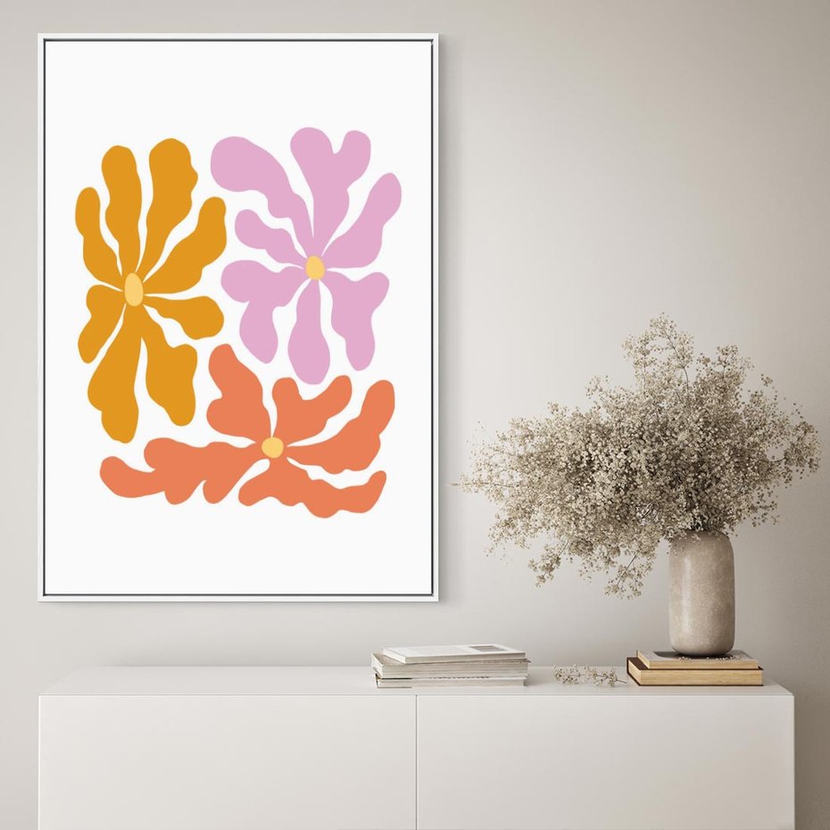 Obraz w ramie 50x70 - Rozbijające Refleksje - abstrakcyjne kolorowe kwiaty, minimlizm - rama biała