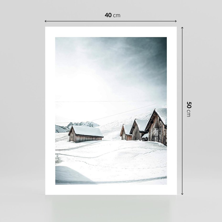 Plakat bez ramy 40x50 - Zima w Domkach: Urok Śnieżnej Scenerii - domki w śnieżnym krajobrazie