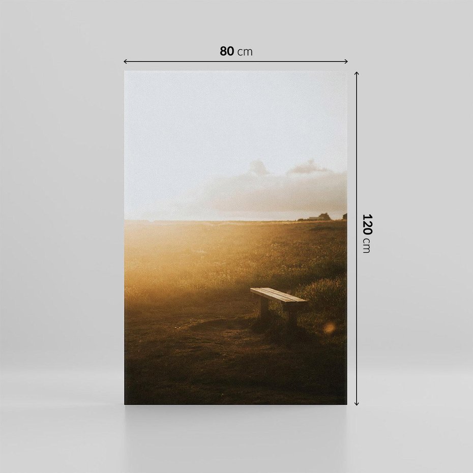 Obraz na płótnie 80x120 - Mglisty zachód słońca na ławeczce - mgła, zachód