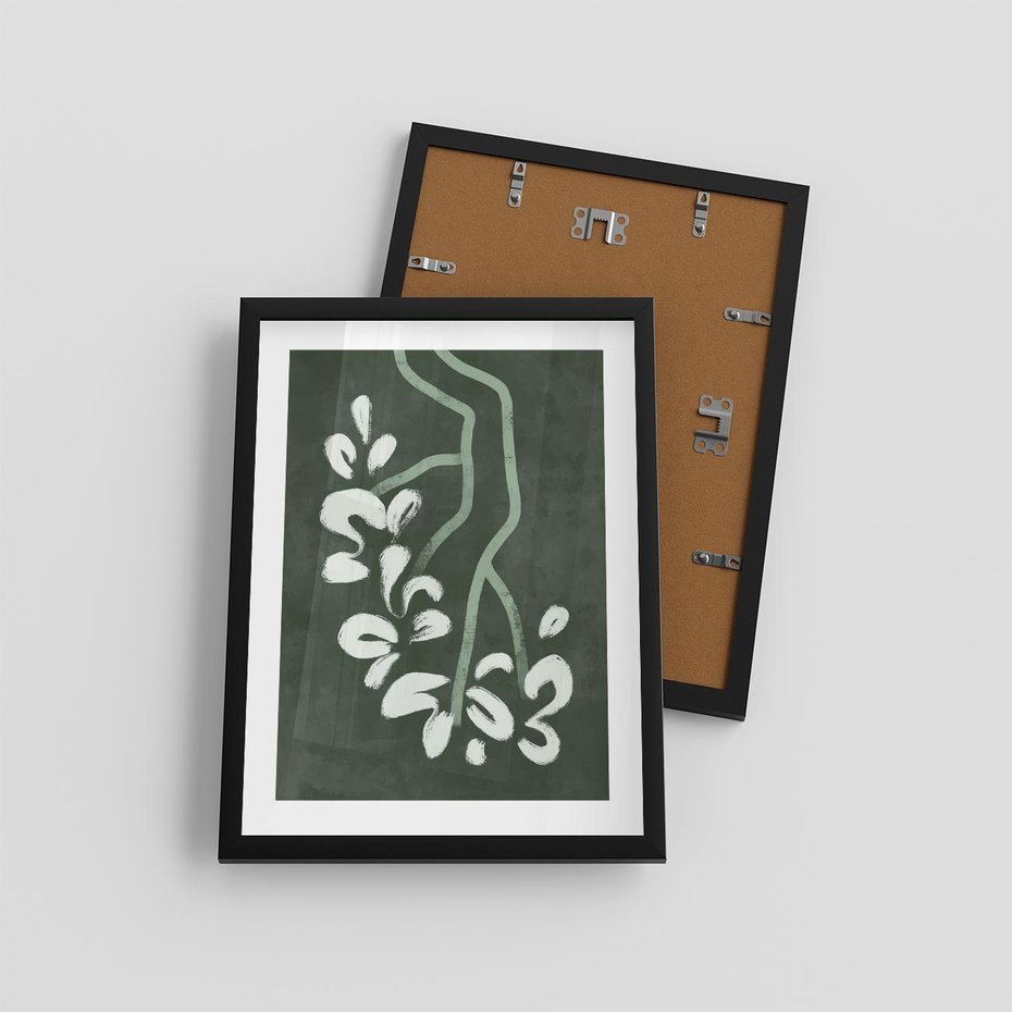 Plakat w ramie 30x40 - Rozkwitające Zielone Gałęzie - abstrakcyjne delikatne zielone linie, podobne do gałęzi kwiatów - rama czarna