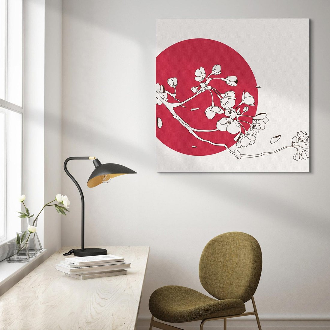 Obraz na płótnie 50x50 - Esencja Zen - kwiatnąca wiśnia, orientalna grafika