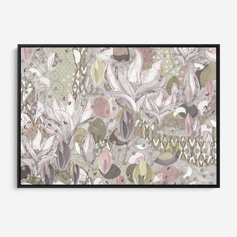 Obraz w ramie 70x50 - Pejzaże zatajonej duszy - połączenie tekstur, roślinne motywy - rama czarna