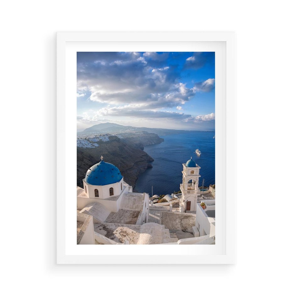 Plakat w ramie 50x70 - Błękitne Przezycia - Santorini, morze - rama biała
