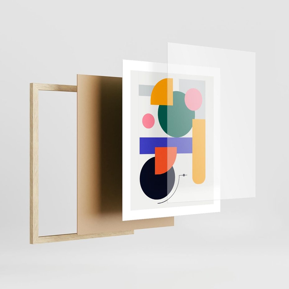 Plakat w ramie 40x50 - Przestrzenne Innowacje - nowoczesna sztuka, geometryczna kolorowa grafika - rama drewno