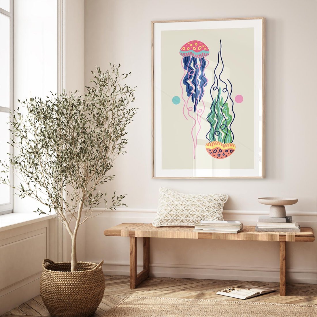 Plakat w ramie 40x50 - Morskie Pulsacje - nowoczesny optymistyczny plakat, kolorowe meduzy - rama drewno