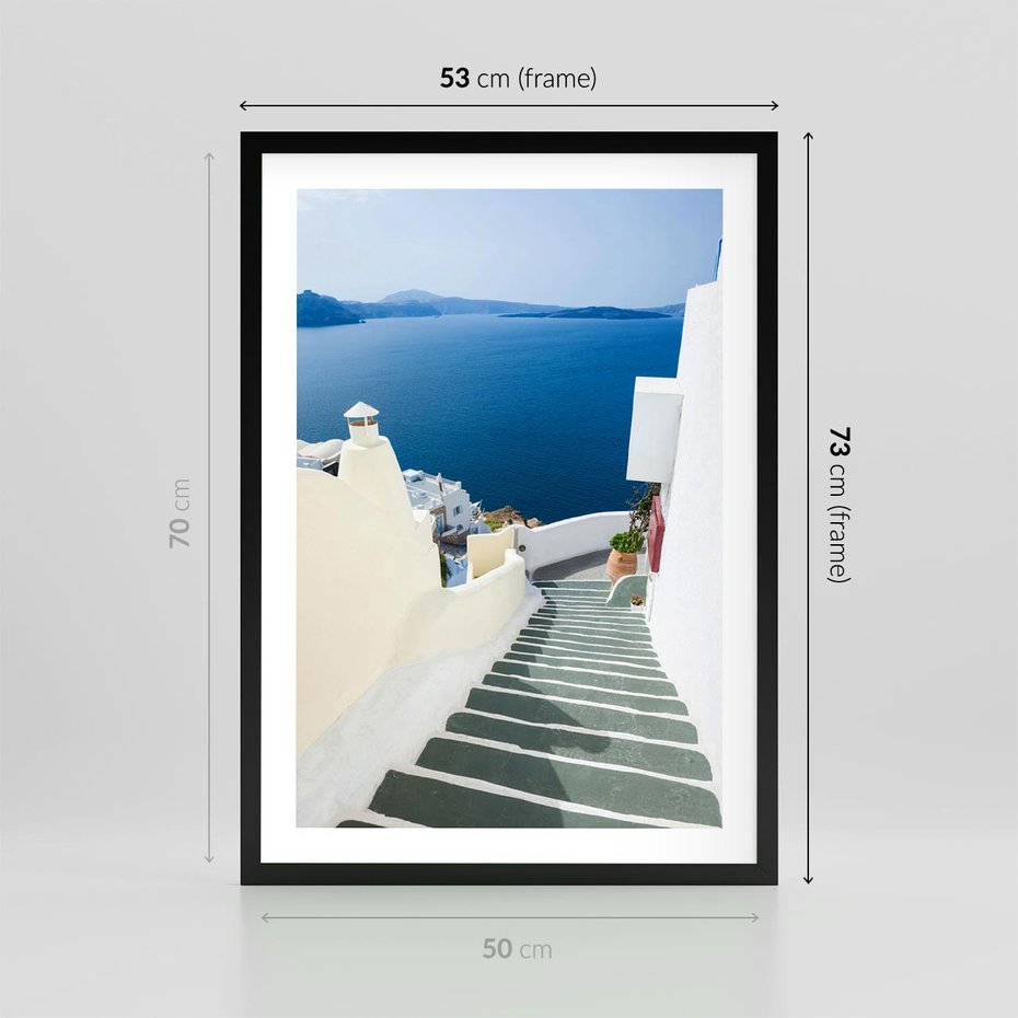 Plakat w ramie 50x70 - Malowniczy urok wyspy - Santorini, schodki - rama czarna