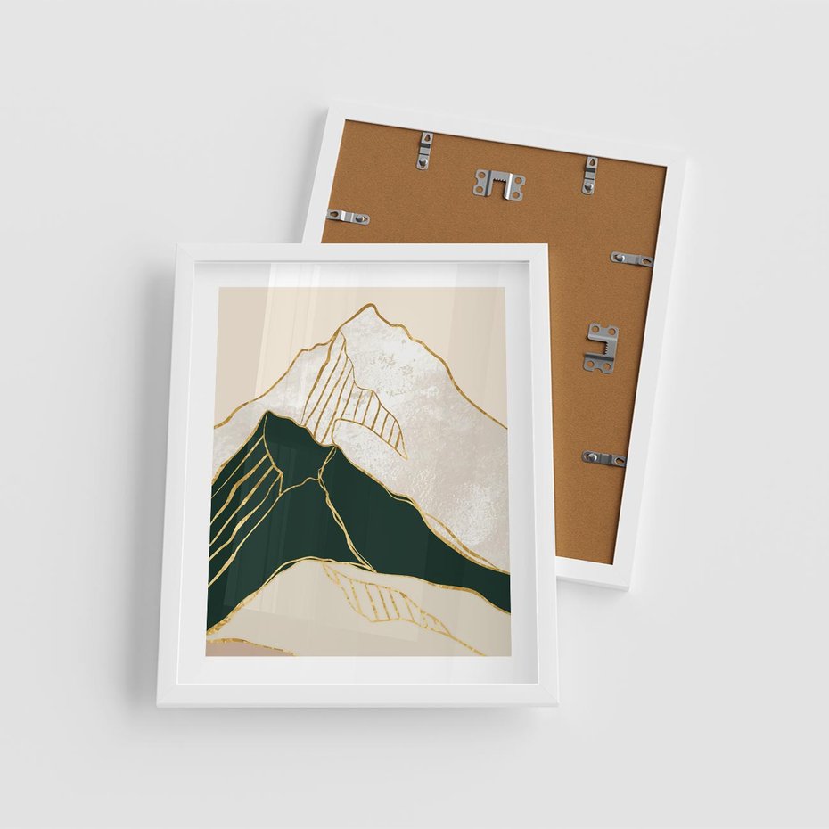 Plakat w ramie 40x50 - Minimalistyczne Góry: Złota Sztuka Natury - minimalistyczna grafika, góry - rama biała