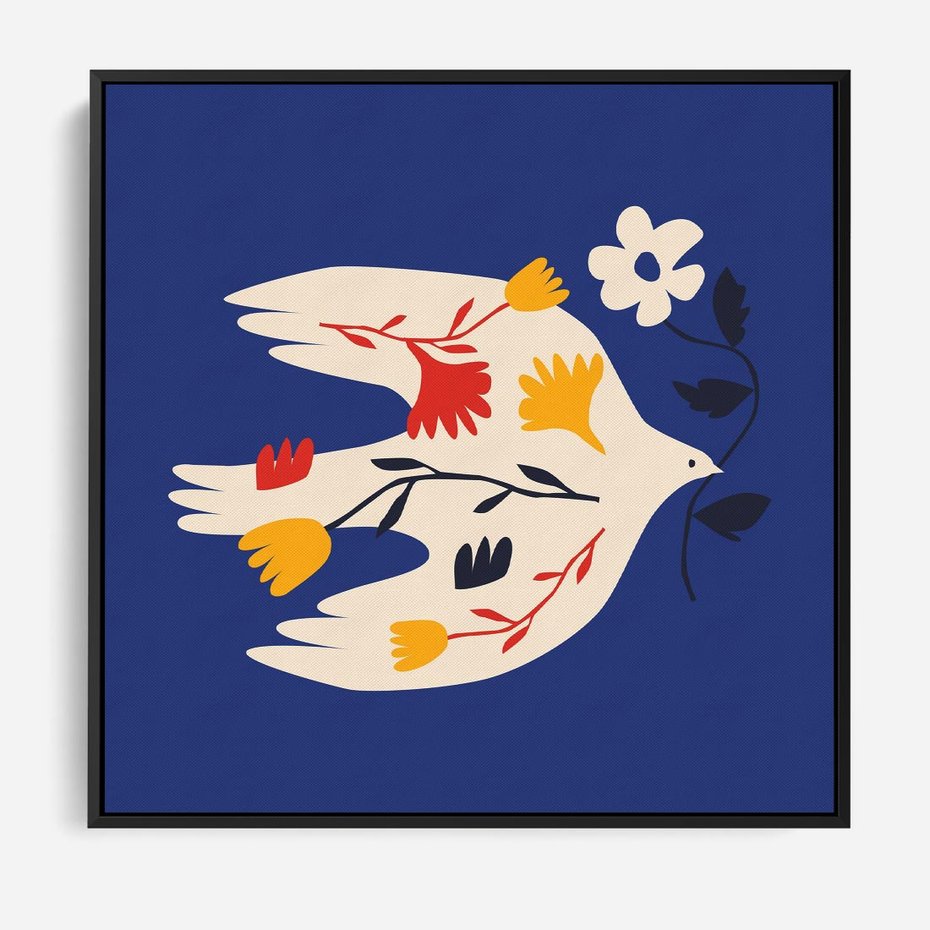 Obraz w ramie 50x50 - Bezczasowy Szept - niebieskie tło, abstrakcyjny biały ptak - rama czarna