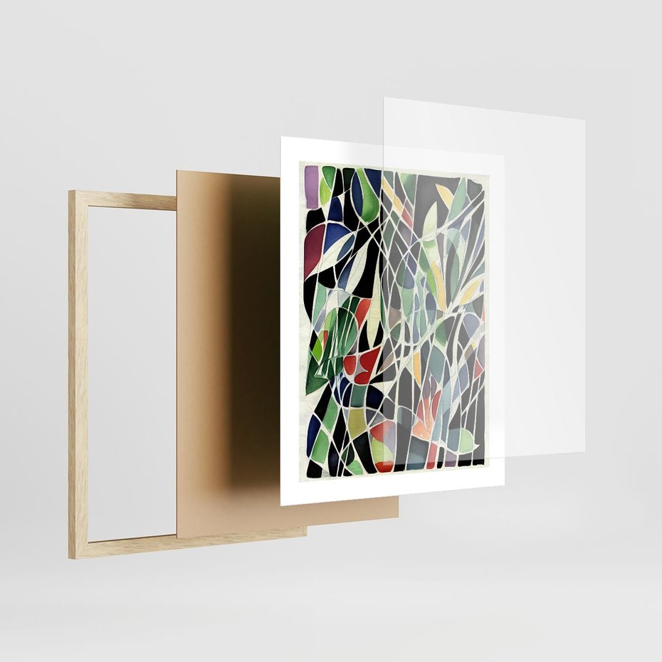 Plakat w ramie 40x50 - Taniec Plam i Kształtów - abstrakcyjny akwarelowy obraz, plamy - rama drewno