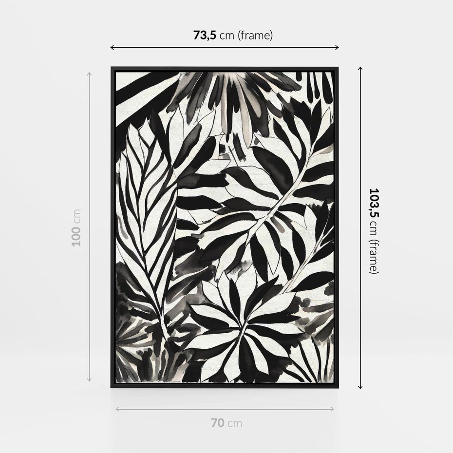 Obraz w ramie 70x100 - Czarne Liście - akwarelowy obraz, czarno biały - rama czarna