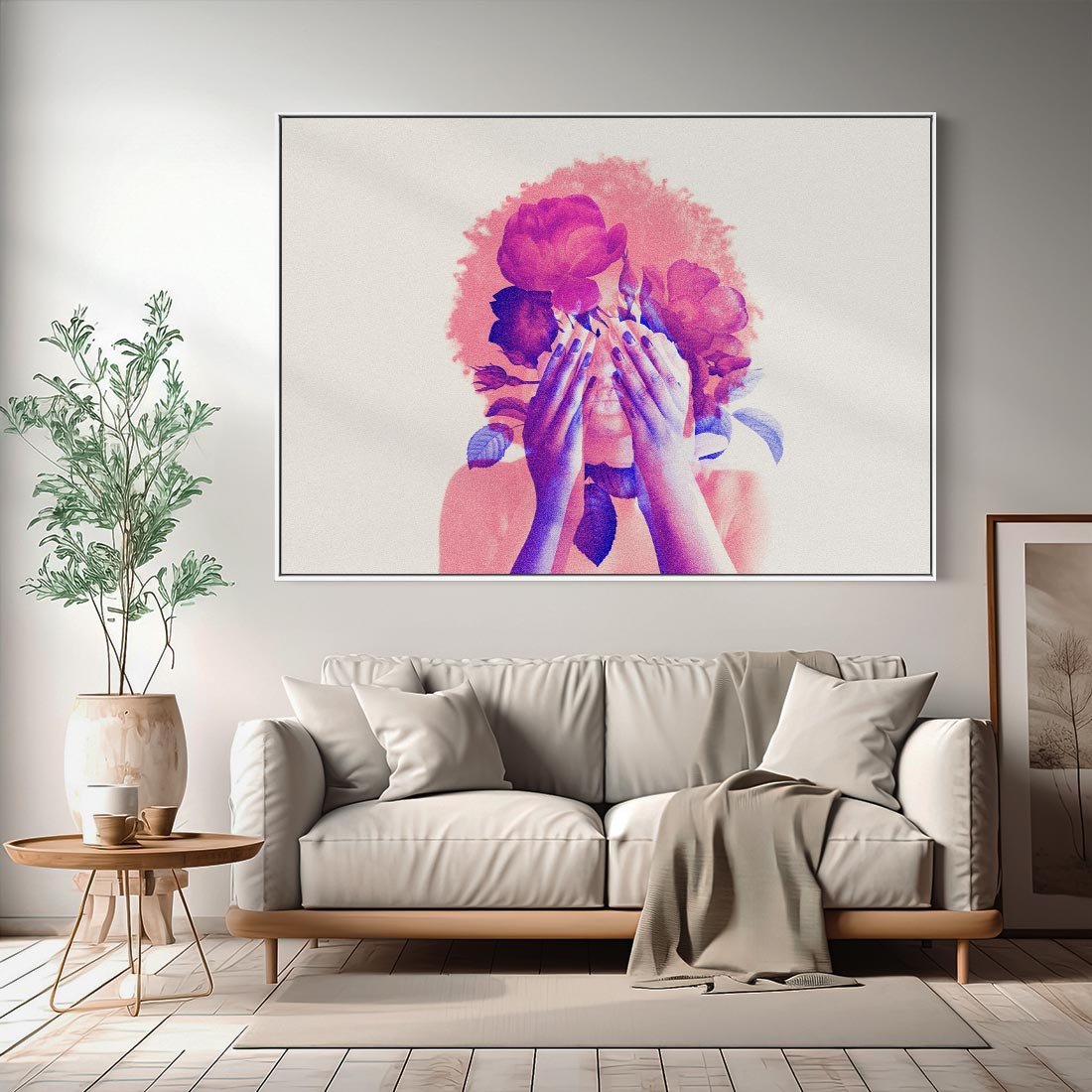 Obraz w ramie 100x70 - Kwiaty we Włosach - różowa postać, grafika - rama biała