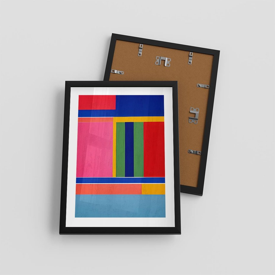 Plakat w ramie 30x40 - Wnętrza Rozplątanych Barw - abstrakcyjny geometryczny obraz olejny, kolorowe pasy - rama czarna