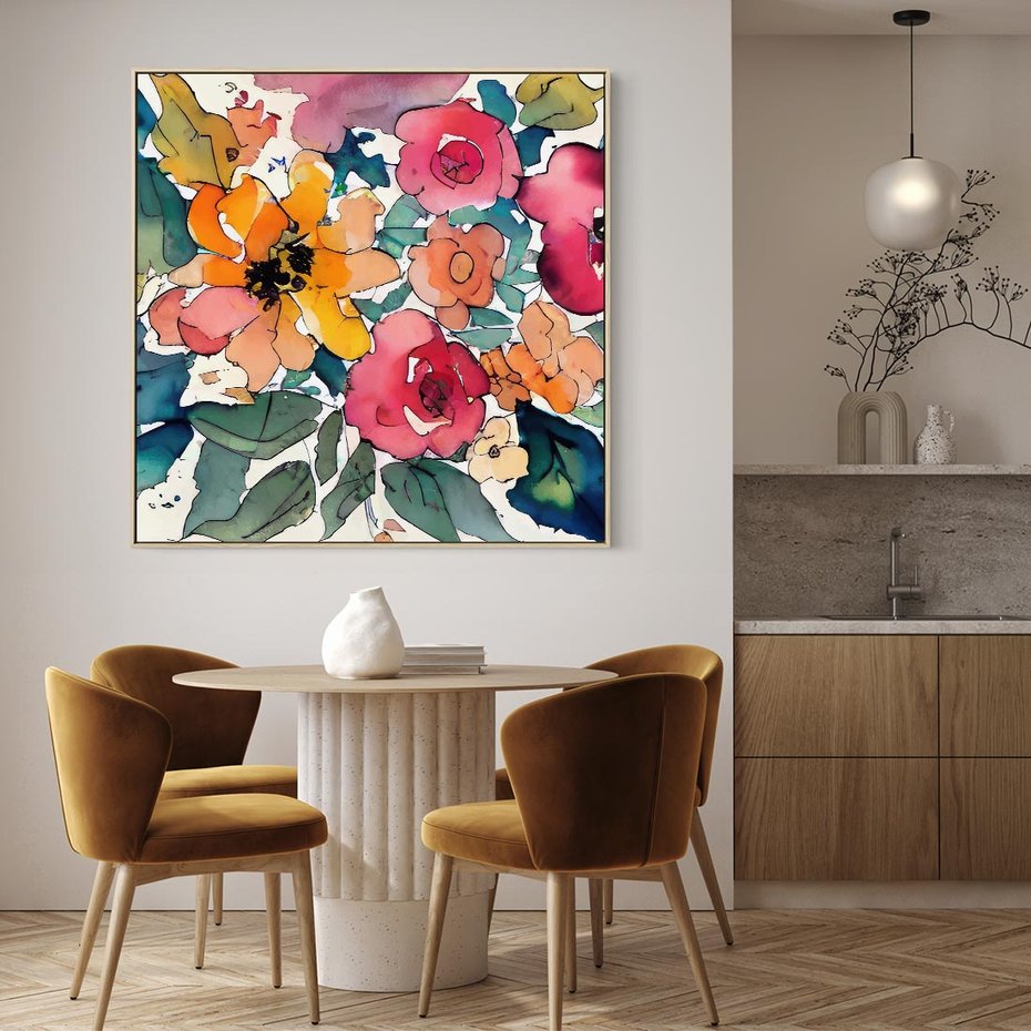 Obraz w ramie 80x80 - Kwiatowy Impuls Kolorów - abstrakcyjne kolorowe kwiaty, szkic - rama drewno