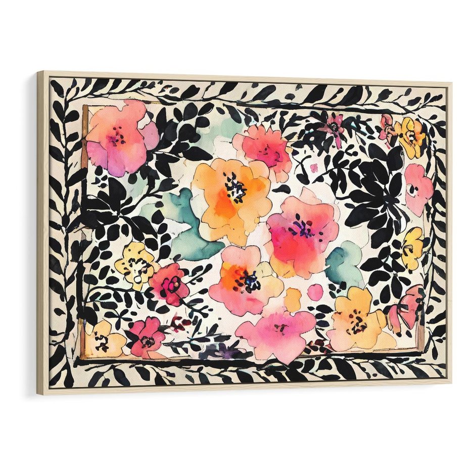 Obraz w ramie 100x70 - Opowieść w kroplach farb - akwarelowe kwiaty, mocna ornamentowa czarna ramka namalowana dookoła obrazu - rama drewno