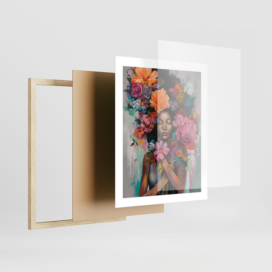 Plakat w ramie 40x50 - Z Głową w Kwiatach - obraz olejny, sztuka nowoczesna - rama drewno