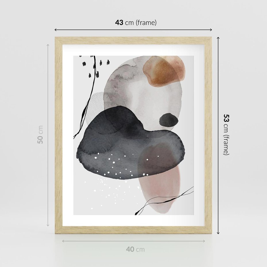 Plakat w ramie 40x50 - Impresje Harmonii - abstrakcyjne plamy akwarelowe, czarny szkic - rama drewno
