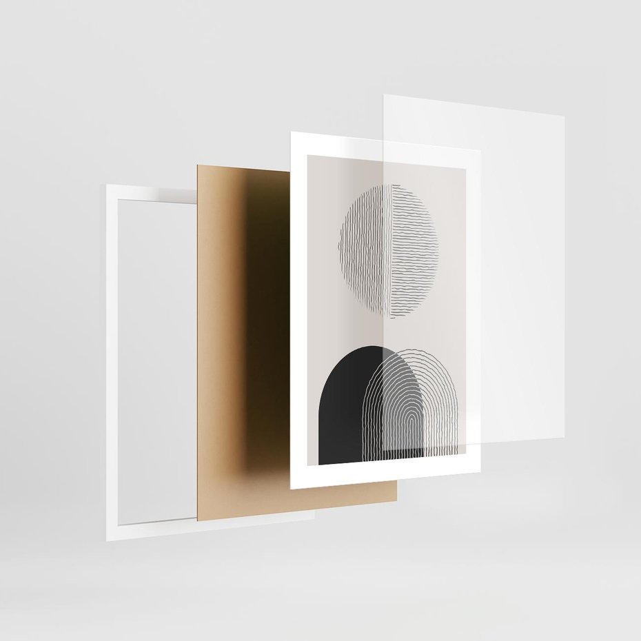 Plakat w ramie 30x40 - Przenikająca Rzeczywistość - abstrakcyjna kompozycja, okręgi i półokręgi - rama biała