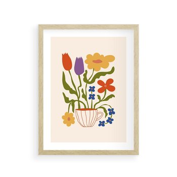 Plakat w ramie 50x70 - Kolorowe Granice - kwiaty w filizance, abstrakcja - rama drewno