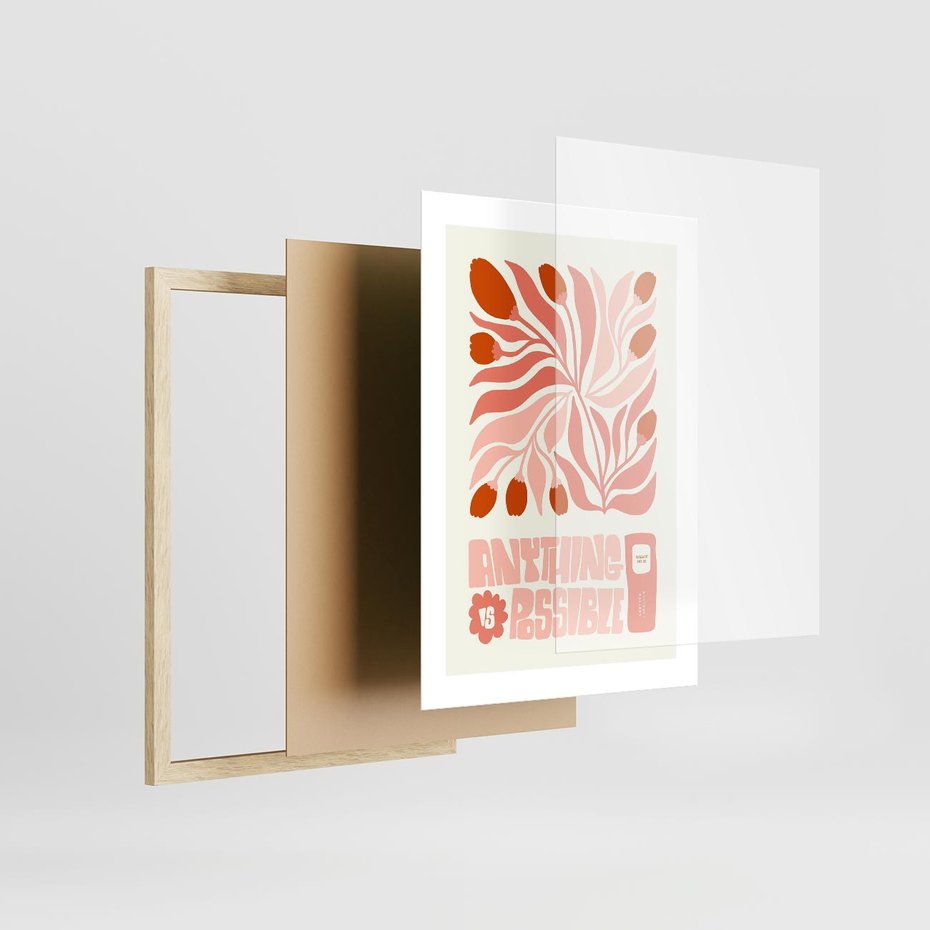 Plakat w ramie 30x40 - Migotliwa Euforia - kompozycja w łososiowym kolorze, kwiaty - rama drewno