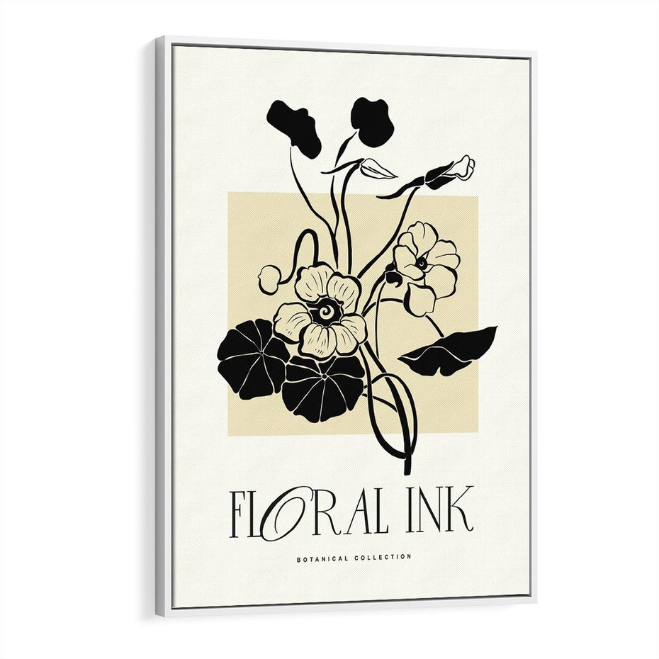 Obraz w ramie 50x70 - Podróż linii kwiatowego czasu - kwiaty, typografia - rama biała