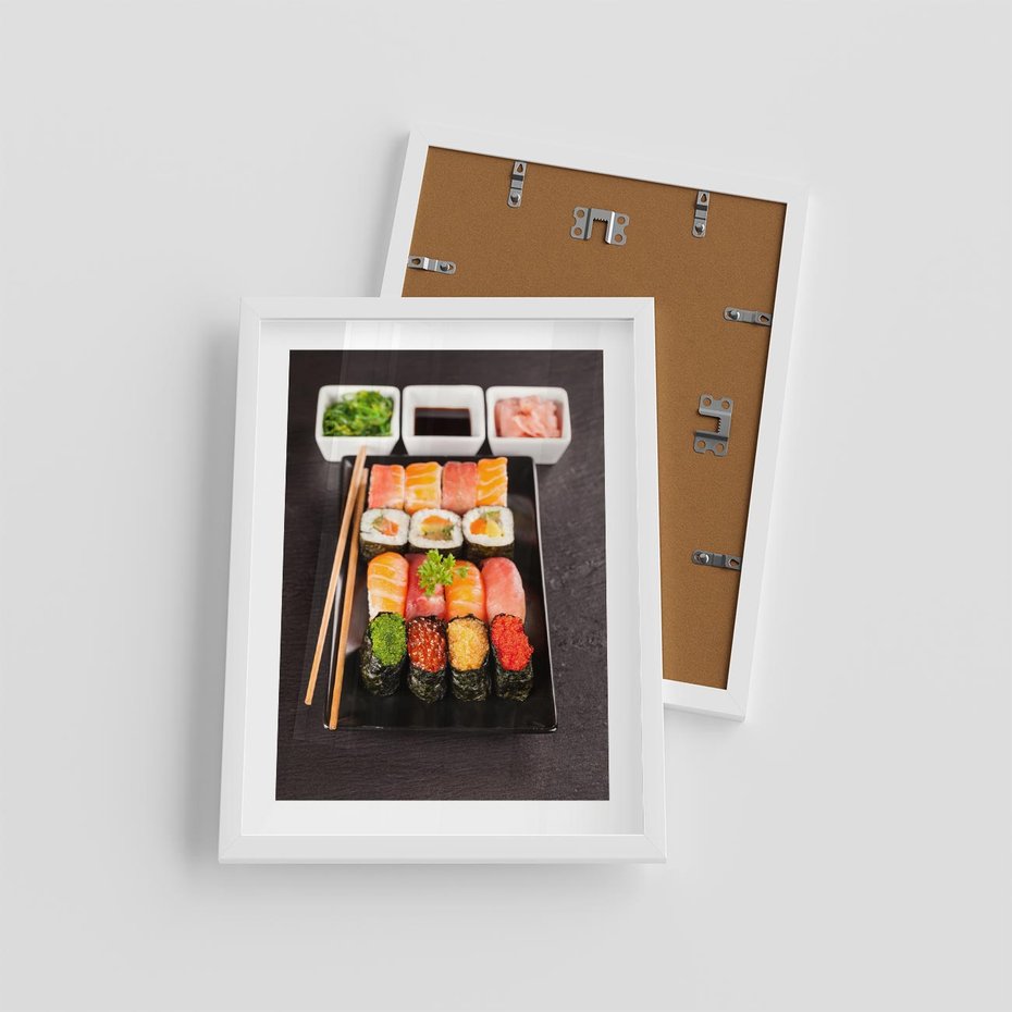 Plakat w ramie 30x40 - Kulinarne podróże do Japonii - sushi, japonia - rama biała
