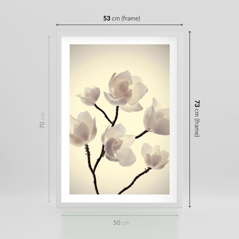 Plakat w ramie 50x70 - Elegancja Natury - magnolia, białe - rama biała