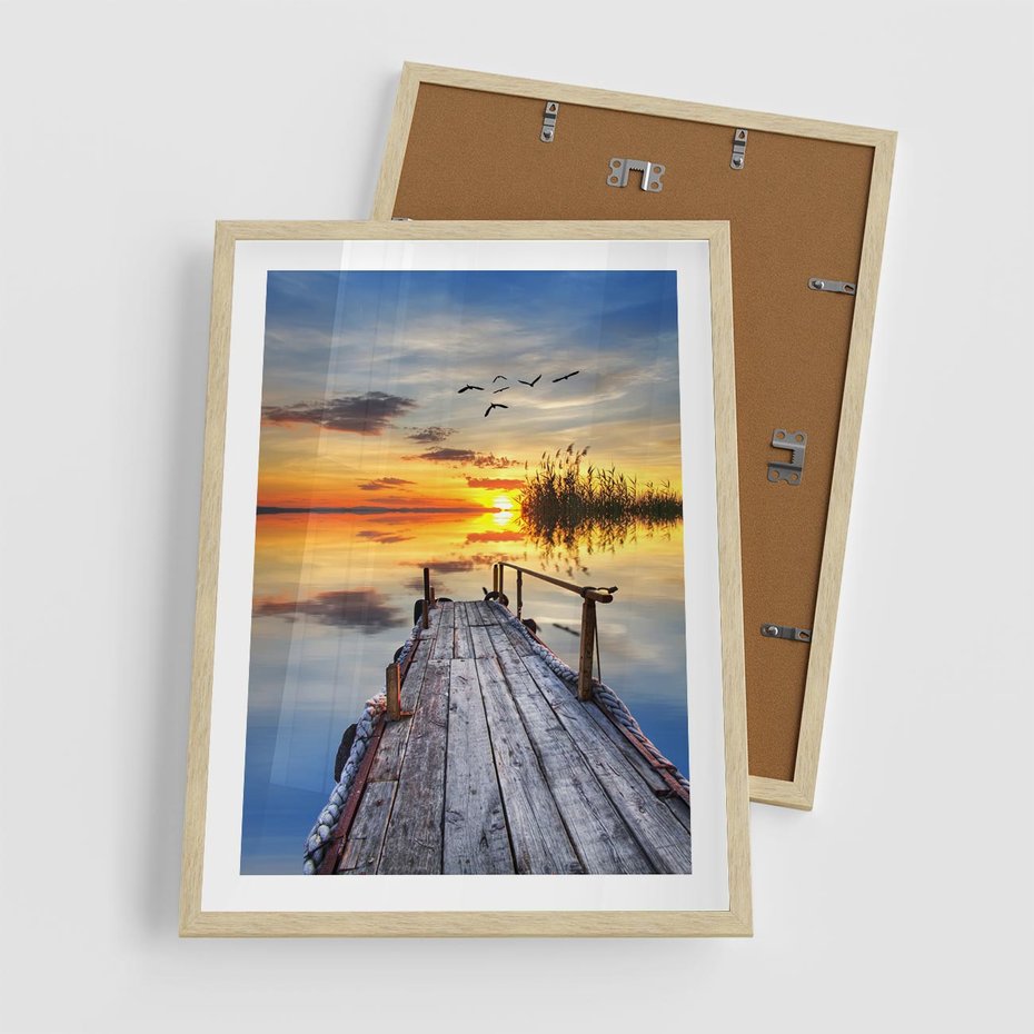 Plakat w ramie 50x70 - Zachód słońca na pomostach - zachód, słońca - rama drewno