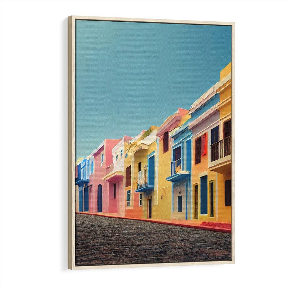 Obraz w ramie 70x100 - Ekspresja marzeń i tęsknot - pastelowe kolorowe budynki, wzdłuż ulicy - rama drewno