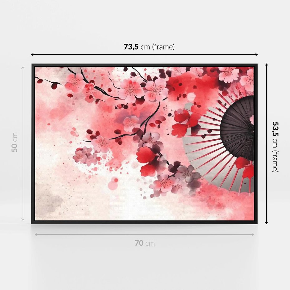 Obraz w ramie 70x50 - Szept Kwitnącej Wiśni - japoński parasol, liście - rama czarna