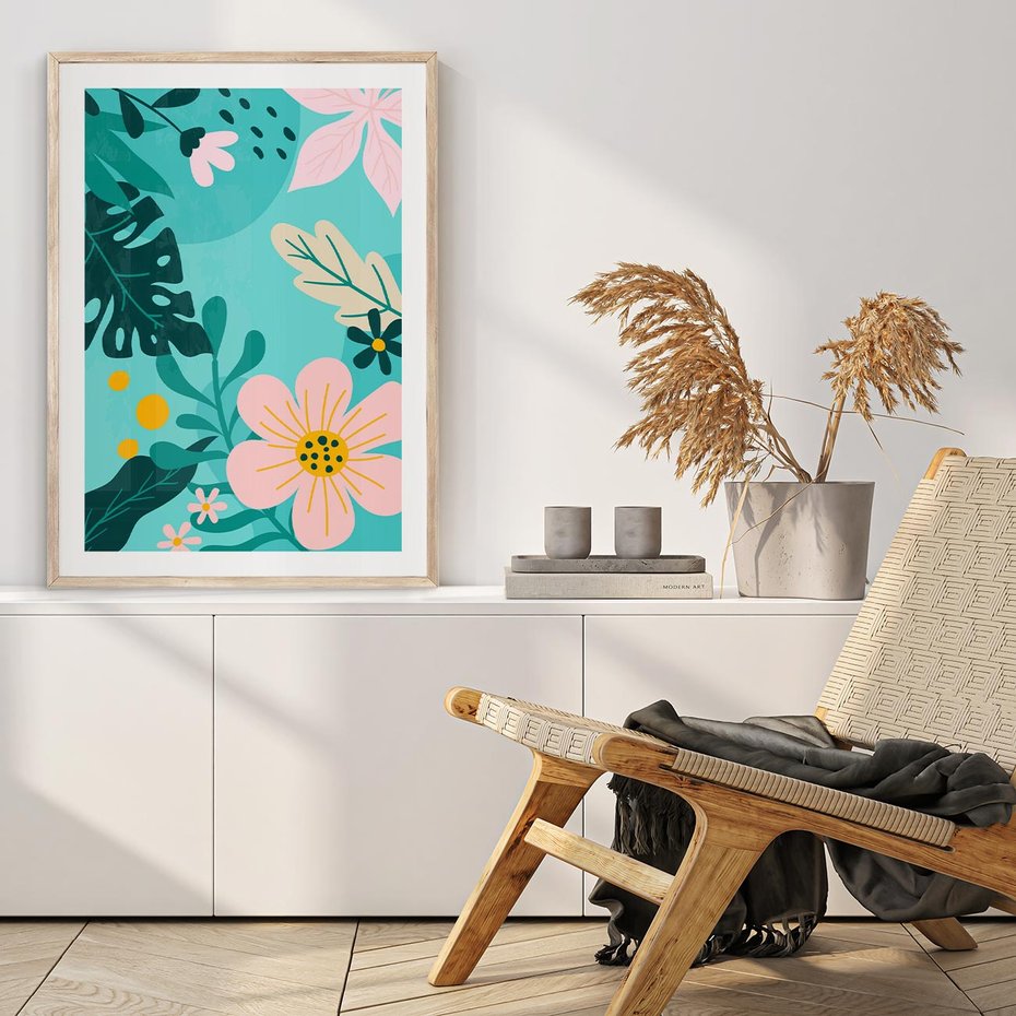 Plakat w ramie 30x40 - Kwiatowy Impuls - pastelowa kompozycja, kwiaty - rama drewno
