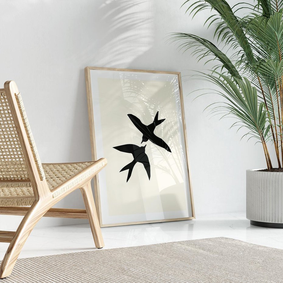 Plakat w ramie 40x50 - Kreatywne Echa - jaskółki, minimalizm - rama drewno