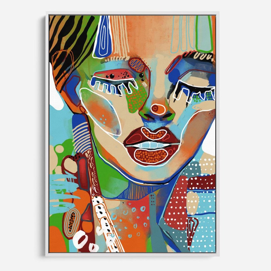 Obraz w ramie 80x120 - Kolorowe Formy - abstrakcyjny portret kobiety, twarz - rama biała