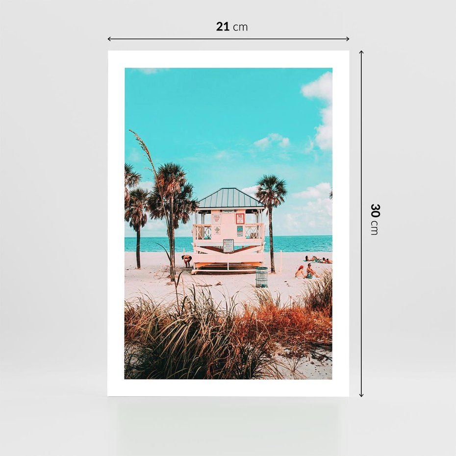 Plakat bez ramy 21x30 - Plaża, Palmy i Spokój Miami - budka ratownika, plaża Miami
