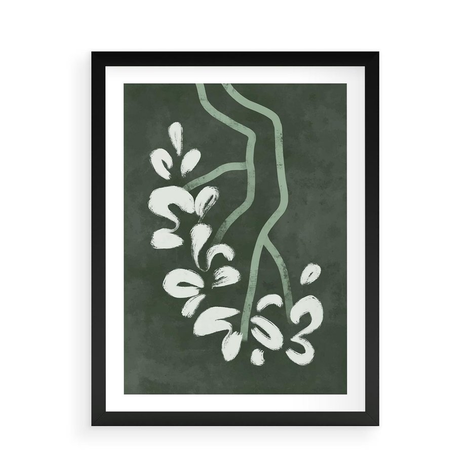 Plakat w ramie 50x70 - Rozkwitające Zielone Gałęzie - abstrakcyjne delikatne zielone linie, podobne do gałęzi kwiatów - rama czarna
