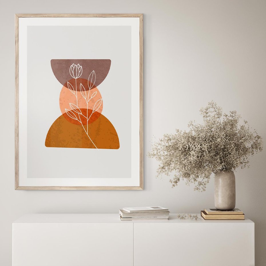 Plakat w ramie 30x40 - Kwiatowa Akwarela - akwarelowe kształty, brąz - rama drewno