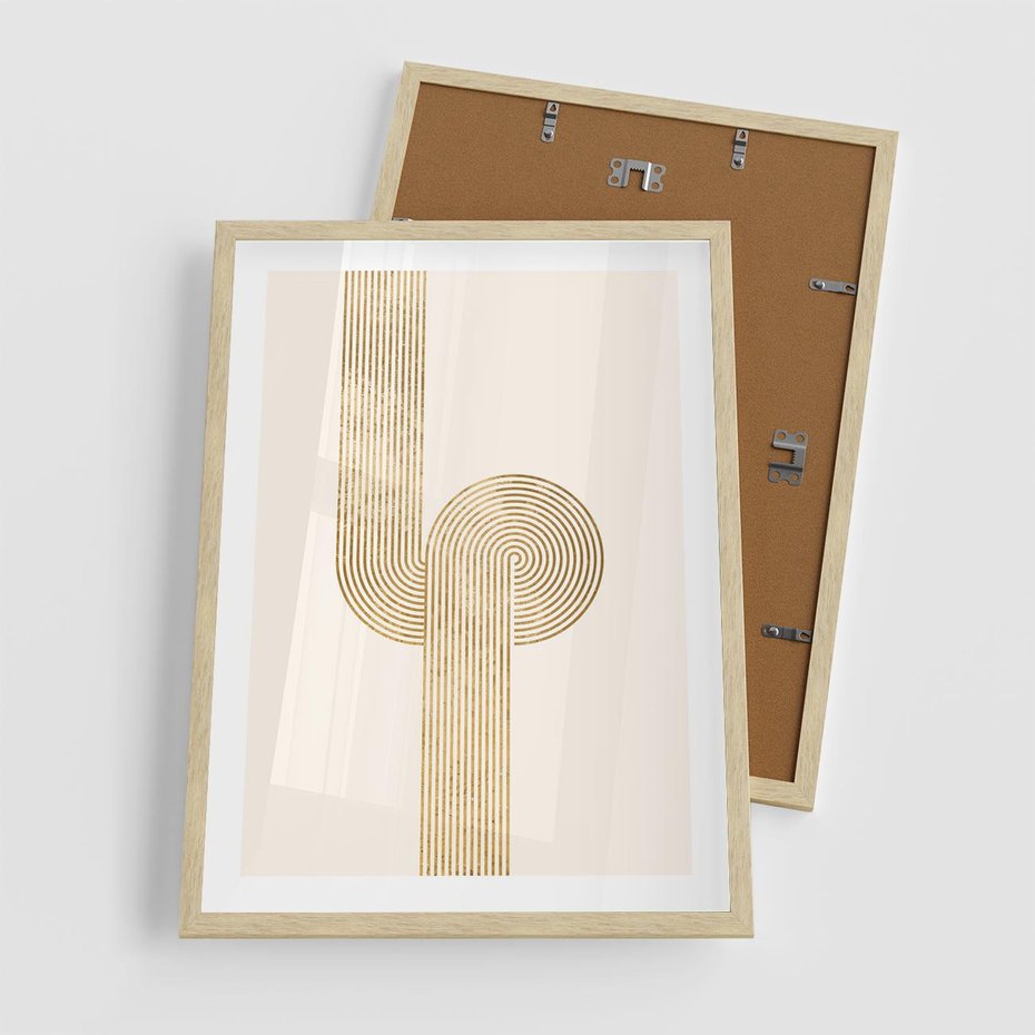 Plakat w ramie 50x70 - Podróżne Kształty - geometryczne linie w złotym kolorze, minimalizm - rama drewno