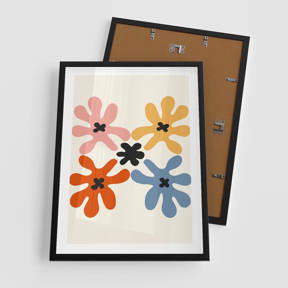 Plakat w ramie 50x70 - Taniec Akwareli - abstrakcyjne wielokolorowe kwiaty, minimalizm - rama czarna