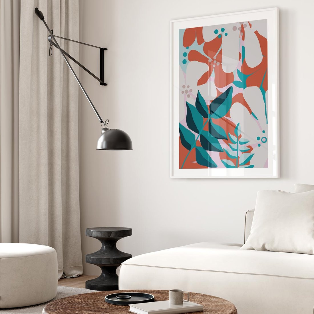 Plakat w ramie 50x70 - Harmonijne Formy - abstrakcyjna kompozycja kwiatowych form, kolor zgaszone - rama biała