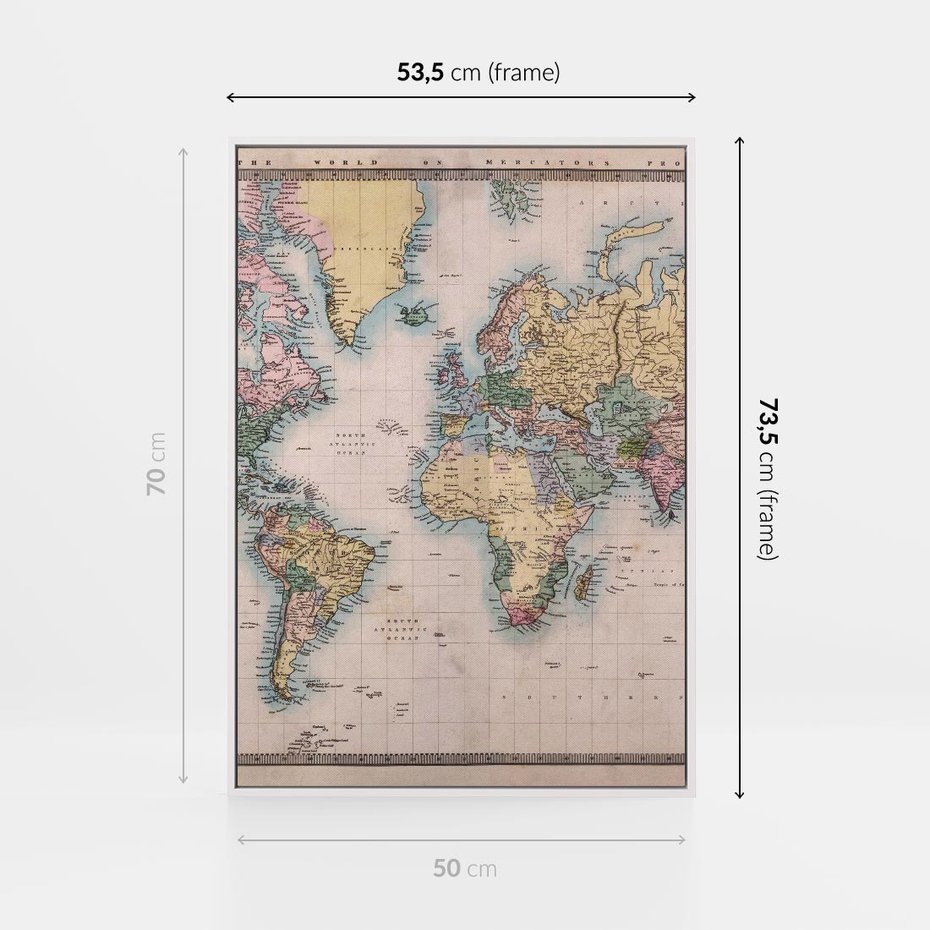 Obraz w ramie 50x70 - Światło Przeszłości - retro mapa świata, mapa - rama biała