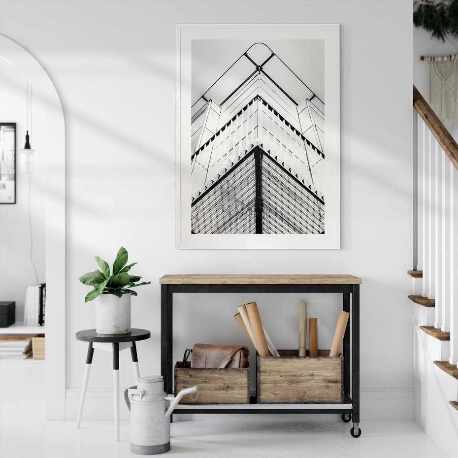 Plakat bez ramy 21x30 - Elegancja Współczesnej Architektury: Wieżowiec w Monochromii - nowoczesna architektura, czarno biała fotografia