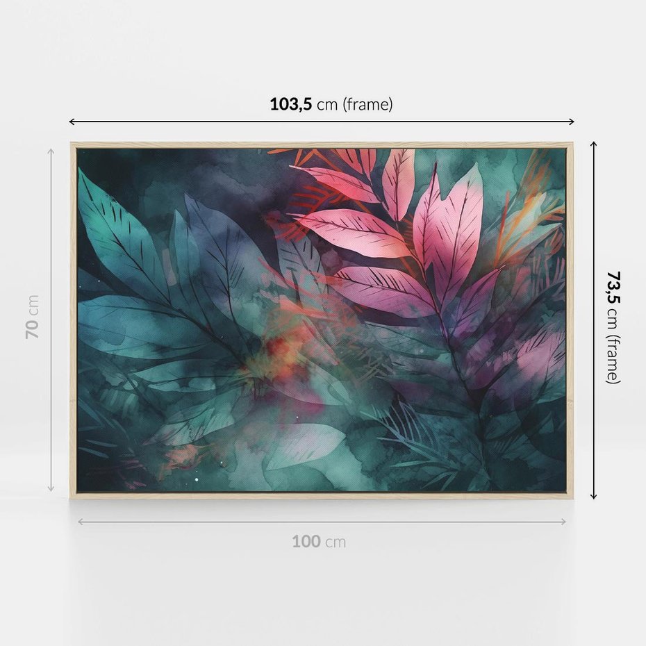 Obraz w ramie 100x70 - Subtelne Zielone - pastelowe zielone liście, róż - rama drewno