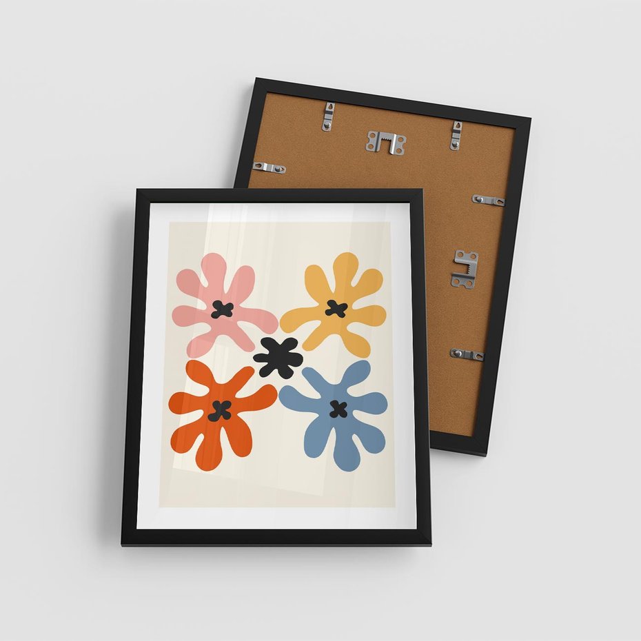 Plakat w ramie 40x50 - Taniec Akwareli - abstrakcyjne wielokolorowe kwiaty, minimalizm - rama czarna