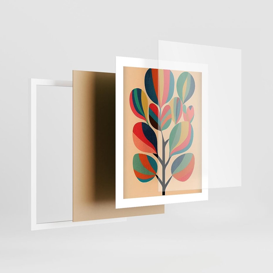 Plakat w ramie 40x50 - Harmonia Rozplątanych Form - abstrakcyjny kolorowy tęczowy obraz, inspiracje roślinne - rama biała