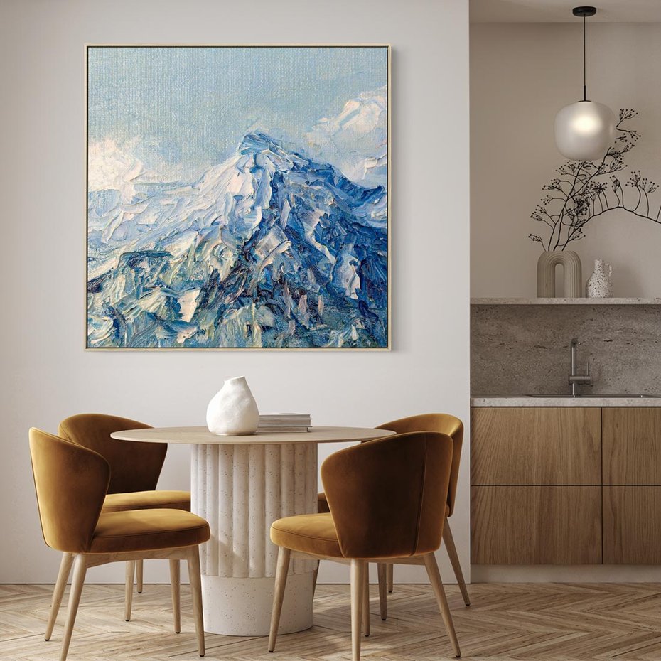 Obraz w ramie 80x80 - Majestat Błękitnych Szczytów - olejny obraz, górski pejzaż - rama drewno